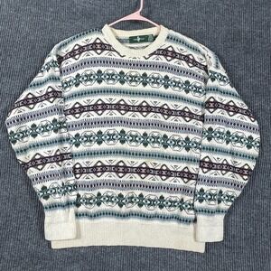 VTG Hunt Club Sweater Men's Large White Cotton USA Made Retro Abstract Fair Isle